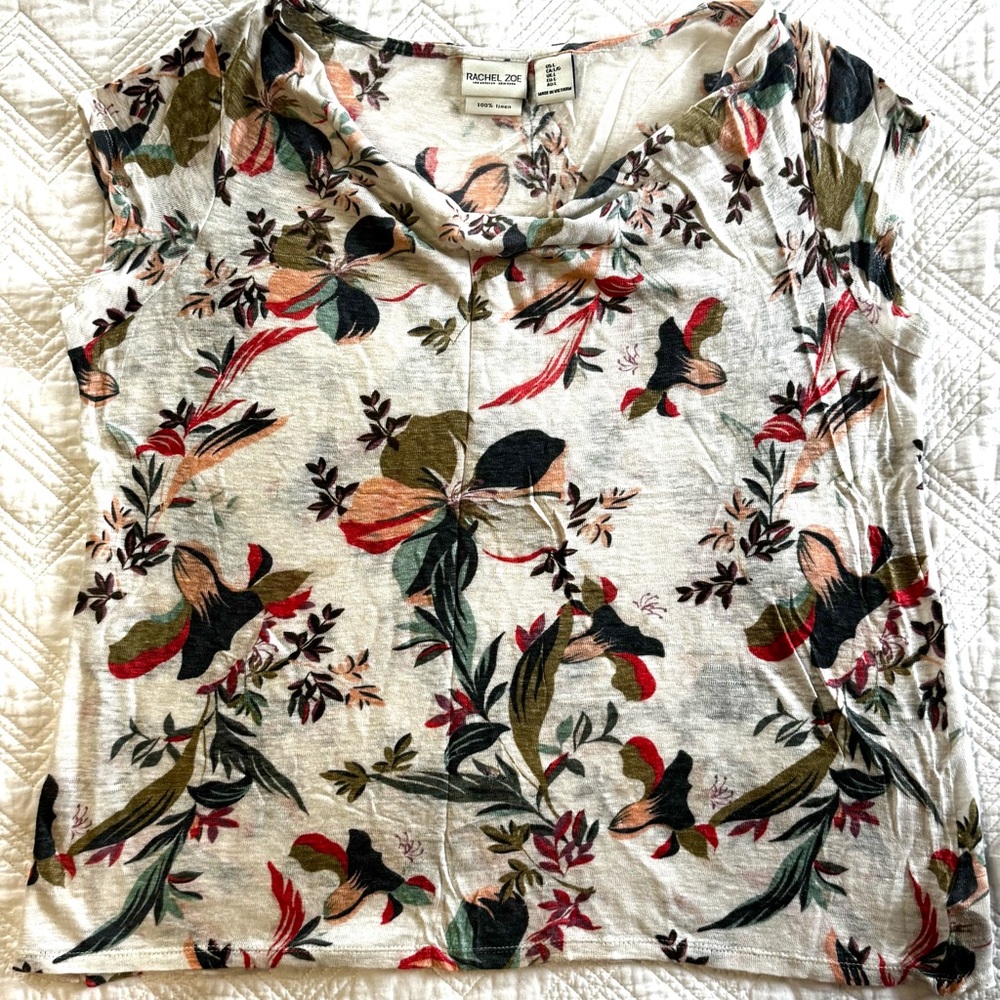 Rachel Zoe Linen Tropical Floral Print Cap Sleeve Cowl Neckline Top Size Large